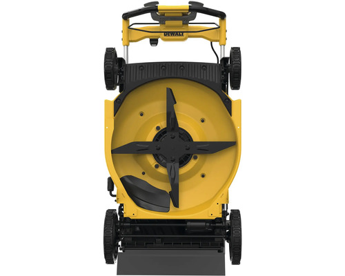 Spodní strana žluté sekačky na trávu DeWalt s černým nožem