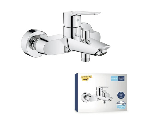 Nástěnná koupelnová baterie spolu s obalem produktu.