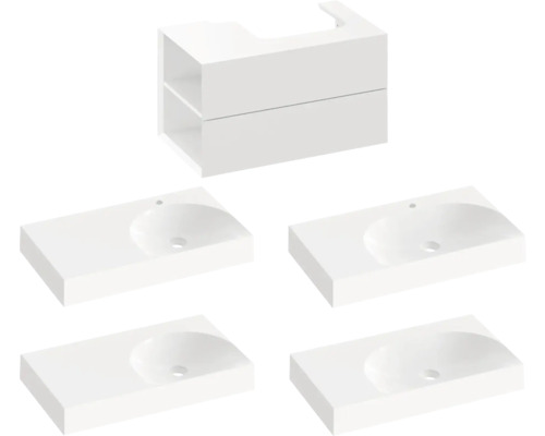 Sestava koupelnového nábytku s umyvadlovou skříňkou a čtyřmi umyvadly