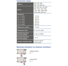 Technické údaje radiátoru: výška, délka, hloubka, připojovací rozteč, závit, nejvyšší přípustný provozní přetlak a provozní teplota, připojení otopného tělesa a způsoby připojení na otopnou soustavu.