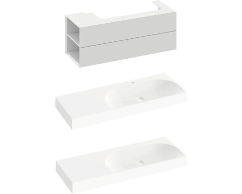 Skříňka pod umyvadlo se dvěma umyvadly a policemi