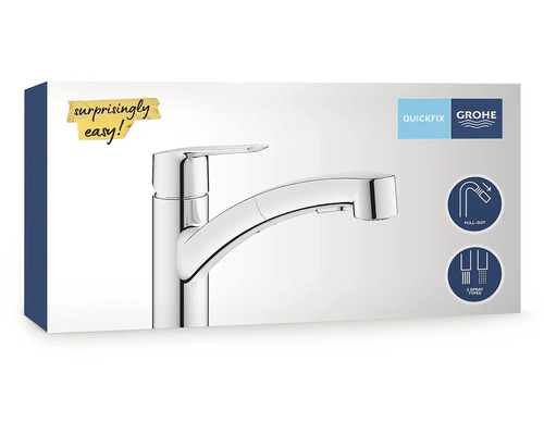 Balení kuchyňské baterie Grohe s výsuvnou sprchou a dvěma typy proudu