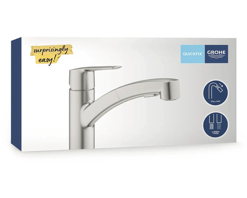 Balení kuchyňské baterie Grohe Quickfix s výsuvnou funkcí a dvěma typy proudu