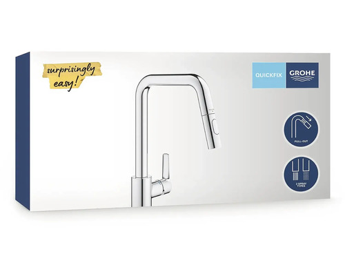 Balení kuchyňské baterie Grohe s výsuvnou funkcí a dvěma typy proudu