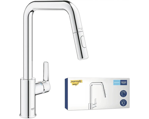 Kuchyňská baterie s výsuvnou sprchou a obalem produktu