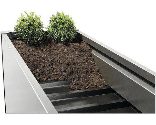 Zvýšený záhon s rostlinami a zeminou