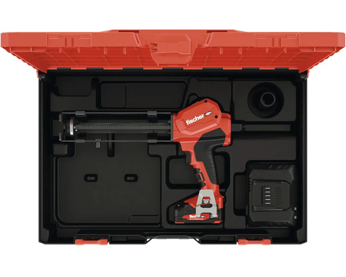 Akumulátorová pistole na kartuše Fischer v kufříku na nářadí