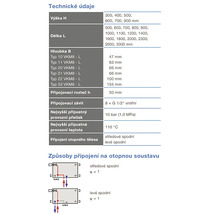 Technické údaje pro radiátory, včetně rozměrů a připojení