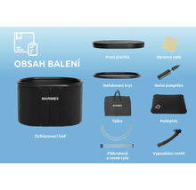 Obsah balení ochlazovací kádě s krycí plachtou, nafukovací kryt, taška, opravná sada, ruční pumpička, polštářek, vypouštěcí ventil, půlkruhové a rovné tyče