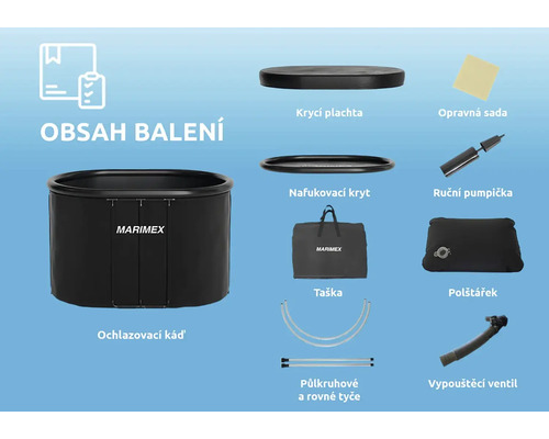 Obsah balení ochlazovací kádě s krycí plachtou, nafukovací kryt, taška, opravná sada, ruční pumpička, polštářek, vypouštěcí ventil, půlkruhové a rovné tyče