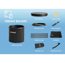 Obsah balení ochlazovací kádě s krycí plachtou, nafukovací kryt, opravná sada, ruční pumpička, podpěrné nohy, polštářek, stahovací vak a vypouštěcí ventil