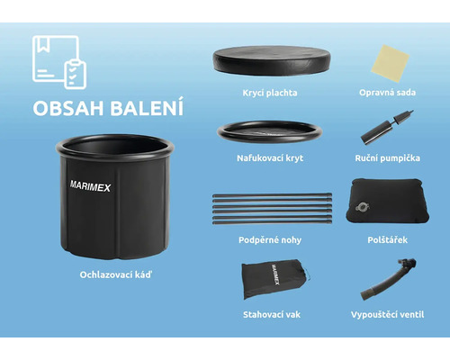 Obsah balení ochlazovací kádě s krycí plachtou, nafukovací kryt, opravná sada, ruční pumpička, podpěrné nohy, polštářek, stahovací vak a vypouštěcí ventil