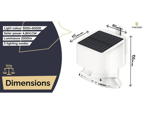 Rozměry solární lampy s pohybovým senzorem a technické údaje