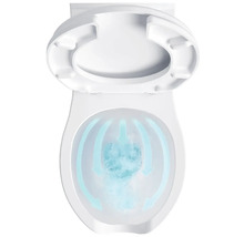 Bílá toaleta s otevřeným záchodovým prkénkem a splachováním