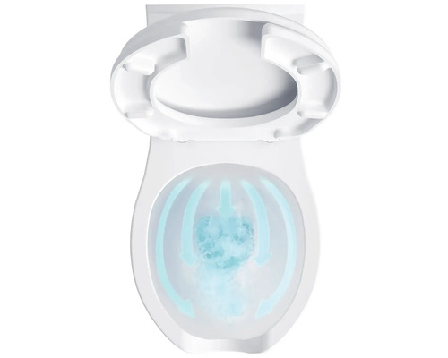 Bílá toaleta s otevřeným záchodovým prkénkem a splachováním