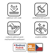 Symboly pro voděodolnost, antibakteriální povrch, zvýšenou odolnost proti mechanickému poškození, snadnou údržbu, logo rodinné firmy, logo 30leté záruky