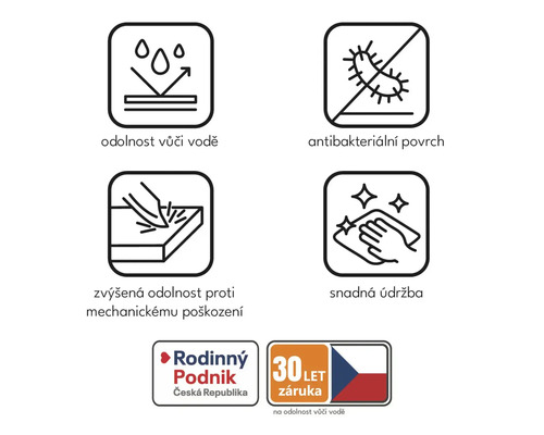 Symboly pro voděodolnost, antibakteriální povrch, zvýšenou odolnost proti mechanickému poškození, snadnou údržbu, logo rodinné firmy, logo 30leté záruky