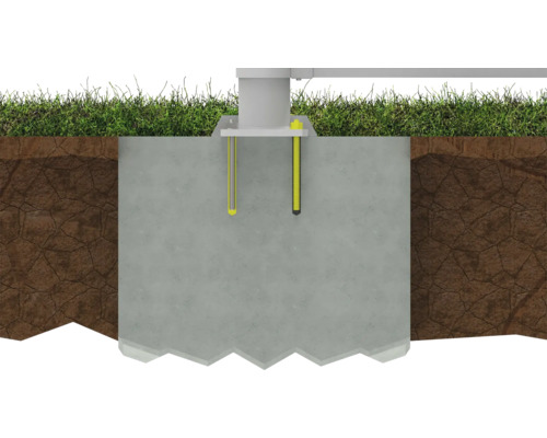 Průřez betonovým základem s upevňovacími prvky