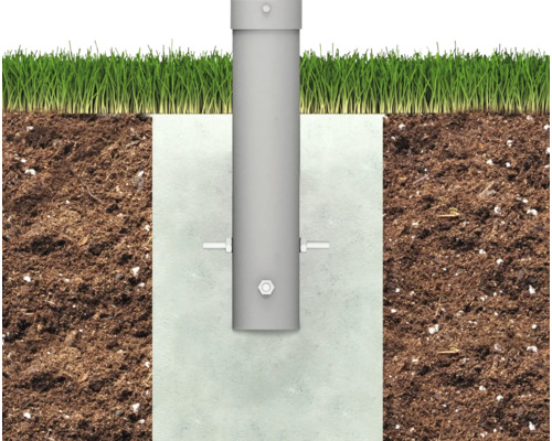 Kovový sloupek v betonovém základu se zeminou a trávou
