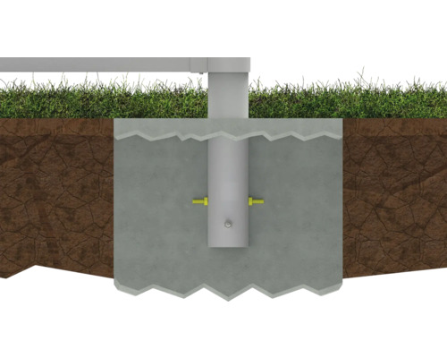 Kotva sloupku v zemi s travnatým drnem a betonovým základem