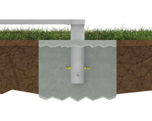 Ilustrace sloupku plotu, který je ukotvený v betonu v zemi.
