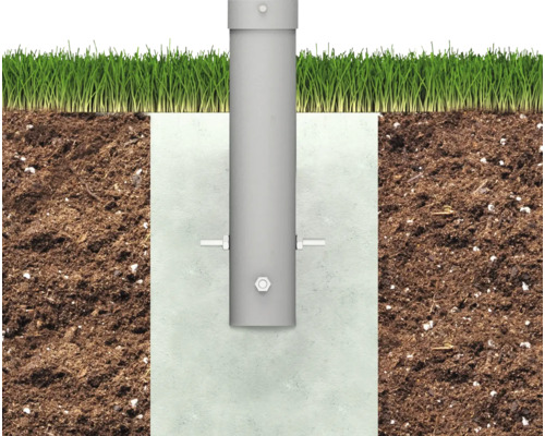 Kotva patky sloupku zabetonovaná v zemi s trávníkem