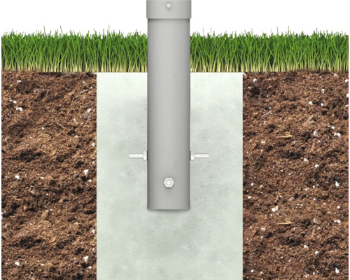 Patka sloupku zabetonovaná v zemi s travním porostem