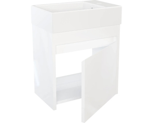 Bílá skříňka pod umyvadlo s otevřenými dvířky