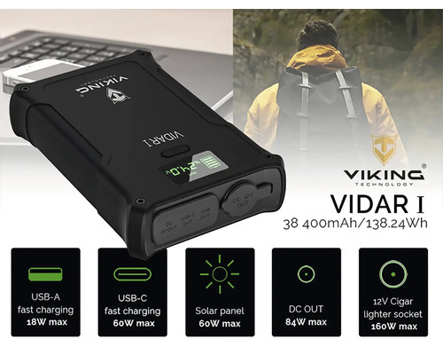 Powerbanka Viking Technology Vidar I s USB-A, USB-C, solárním panelem, DC výstupem a 12voltovou zásuvkou zapalovače cigaret