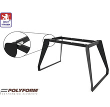 Černý kovový rám stolu s detailním pohledem na upevnění nohou a pečetí český výrobek