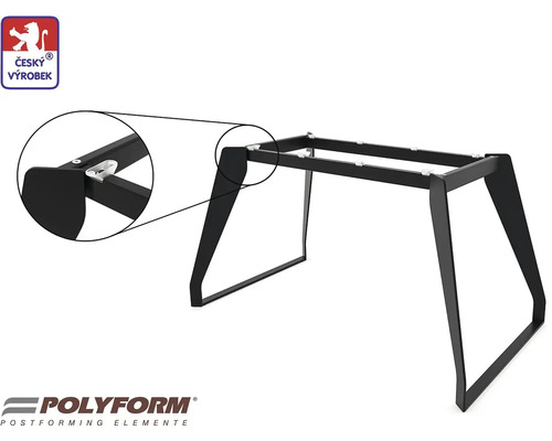 Černý kovový rám stolu s detailním pohledem na upevnění nohou a pečetí český výrobek