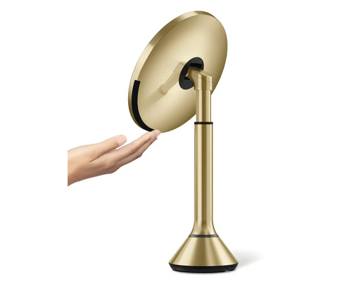 Volně stojící kosmetické zrcadlo s kulatou zrcadlovou hlavou a podstavcem.