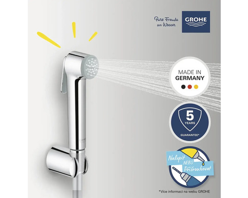 Grohe bidetová sprcha s cákající vodou, pečeť Made in Germany, pečeť pětileté záruky, pečeť nalepit nebo přišroubovat, logo Grohe