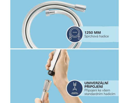 Sprchová hadice o délce 1250 mm a univerzálním připojením.