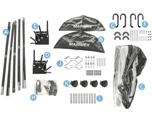 Jednotlivé díly pro rámovou sadu bazénu, včetně tyčí, krycí plachty a upevňovacího materiálu