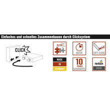 Snadná montáž pomocí zaklikávacího systému, Vyrobeno v Německu, záruka 10 let, logo Hettich