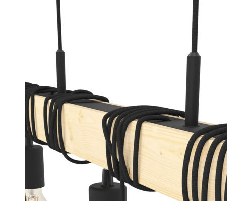 Závěsná lampa s dřevěným trámem a textilním kabelem