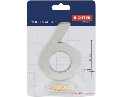 Číslo domu 6 z hliníku, výška 100 mm, včetně montážního materiálu
