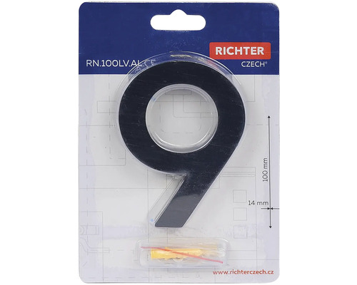 Číslo domu Devět z hliníku, výška 100 mm, včetně montážního materiálu