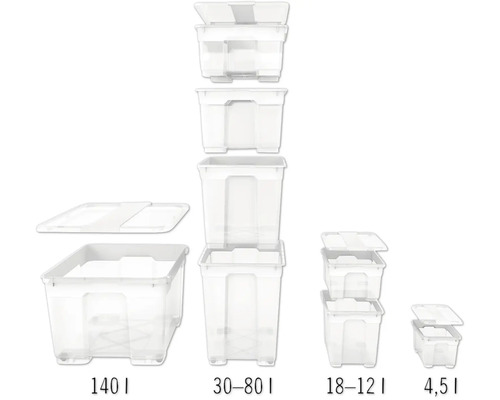 Úložné boxy různých velikostí, od 4,5 litru do 140 litrů