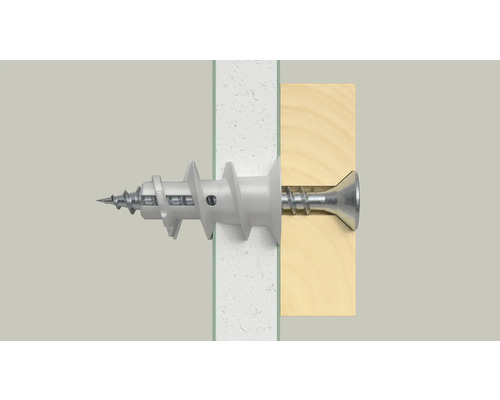 Plastová hmoždinka se šroubem ve zdi a dřevě