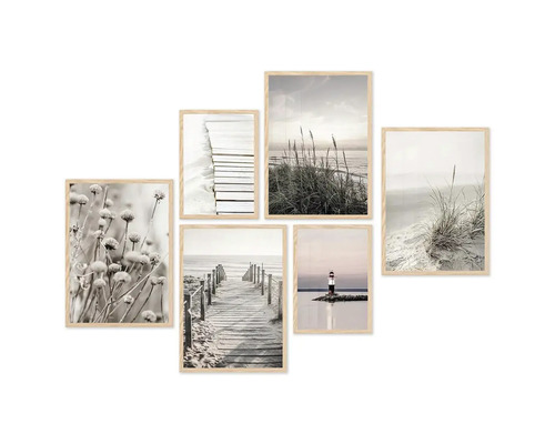Sada šesti zarámovaných obrazů s motivem pláže