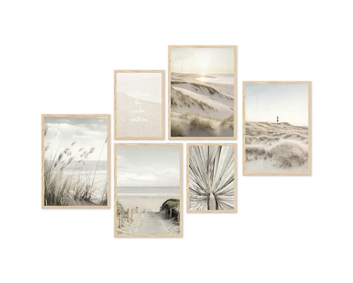 Šest zarámovaných plážových obrázků jako nástěnná dekorace