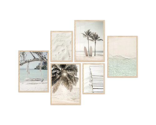 Sada nástěnných obrazů s plážovými motivy a dřevěným rámem