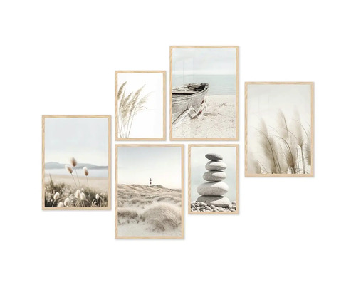 Šest zarámovaných nástěnných dekorací s plážovou tématikou