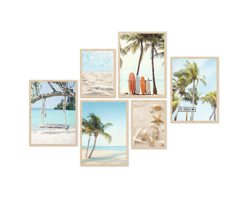Sada šesti nástěnných dekorací s plážovými motivy v dřevěném rámu