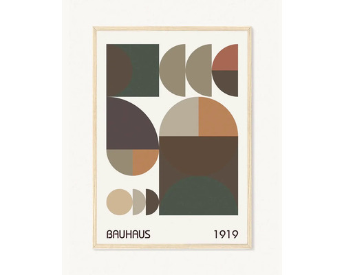 Plakát Bauhaus s geometrickými tvary a rokem 1919 ve světlém dřevěném rámu