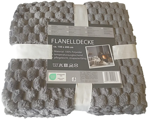 Šedá flanelová deka, přibližně 150 x 200 centimetrů, z polyesteru