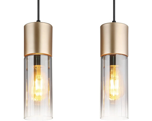 Dvě zlaté skleněné závěsné lampy se žárovkami