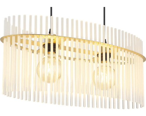 Závěsné svítidlo se zlatým rámem a několika žárovkami